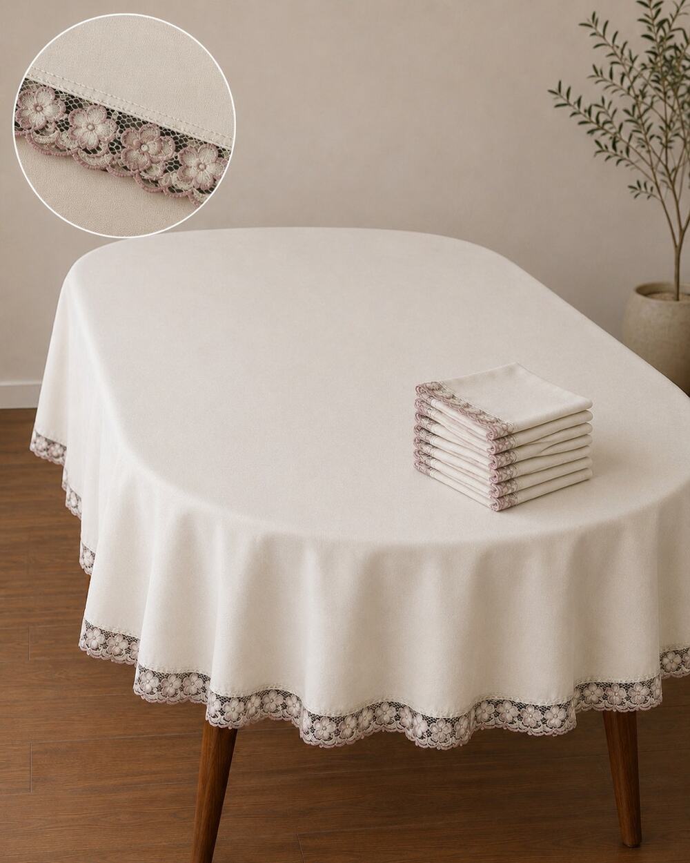 White Tablecloth 8 Napkins Pink Purple Lace Accent Handmade Vintage 83x65 Set